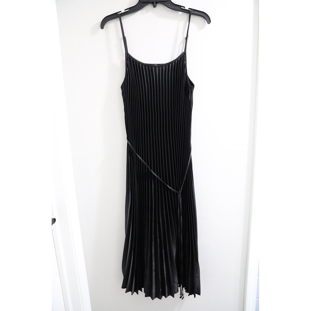 Sam Edelman‎ Black Satin Plisse Midi Dress Spaghetti Straps Belted XL